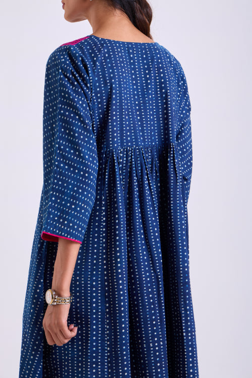 Rangsutra Chaaya Indigo Block Printed Dress With Kimono Sleeves