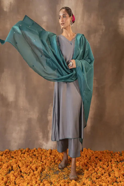 Rangsutra Ruhani Deep Teal Chanderi Dupatta With Soof Hand Embroidery