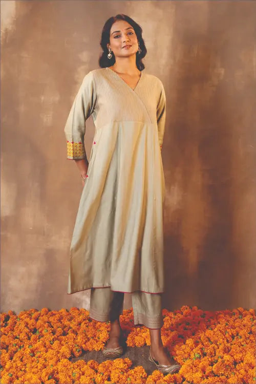 Rangsutra Ruhani Sage Green Flared Cotton Silk Kurta With Pakka Hand Embroidery