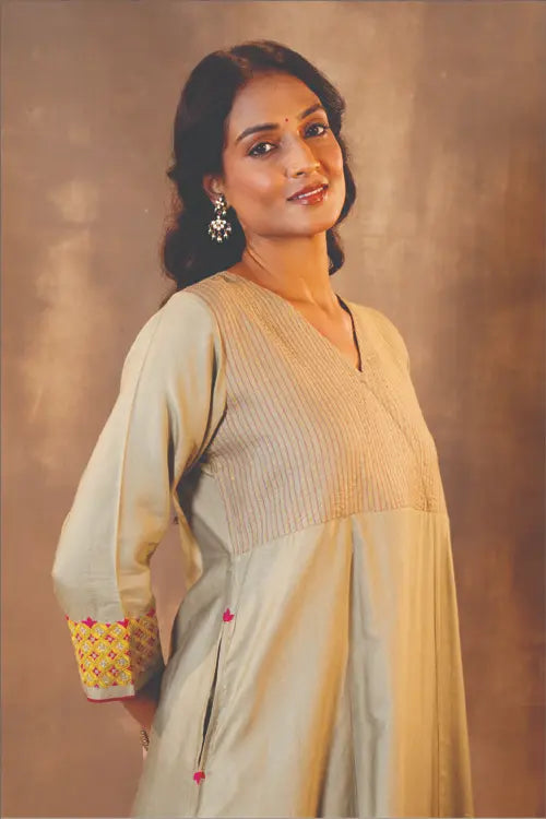 Rangsutra Ruhani Sage Green Flared Cotton Silk Kurta With Pakka Hand Embroidery