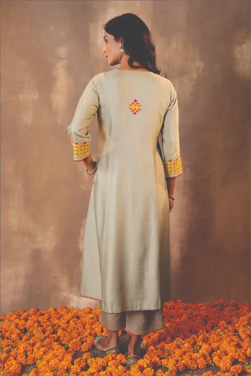 Rangsutra Ruhani Sage Green Flared Cotton Silk Kurta With Pakka Hand Embroidery