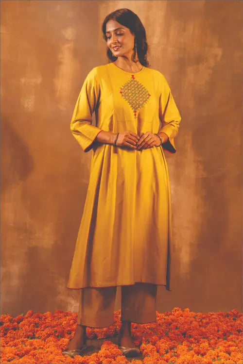 Rangsutra Ruhani Yellow Pleated Cotton Silk Kurta With Pakka Hand Embroidery