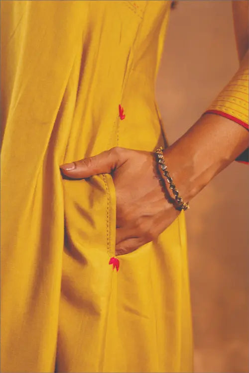 Rangsutra Ruhani Yellow Pleated Cotton Silk Kurta With Pakka Hand Embroidery