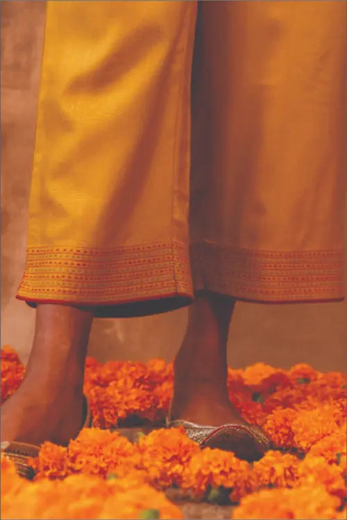 Rangsutra Ruhani Yellow Straight Fit Cotton Silk Pant With Pakka Hand Embroidery
