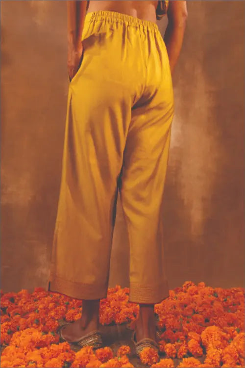 Rangsutra Ruhani Yellow Straight Fit Cotton Silk Pant With Pakka Hand Embroidery