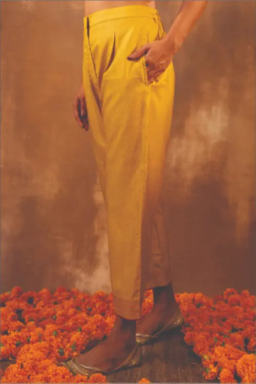 Rangsutra Ruhani Yellow Straight Fit Cotton Silk Pant With Pakka Hand Embroidery