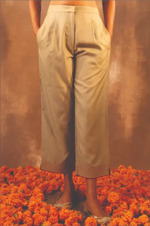 Rangsutra Ruhani Sage Green Straight Fit Cotton Silk Pant With Pakka Hand Embroidery