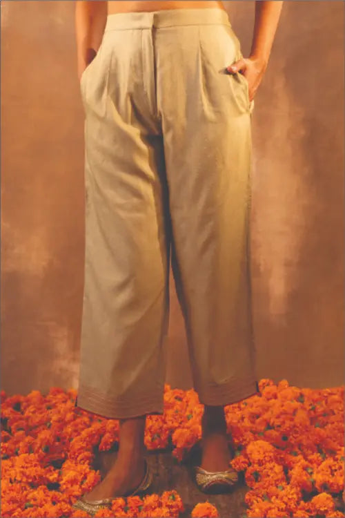 Rangsutra Ruhani Sage Green Straight Fit Cotton Silk Pant With Pakka Hand Embroidery