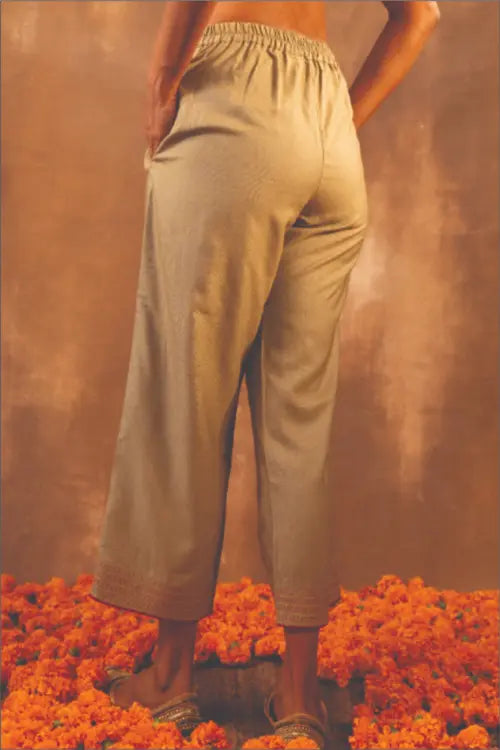 Rangsutra Ruhani Sage Green Straight Fit Cotton Silk Pant With Pakka Hand Embroidery