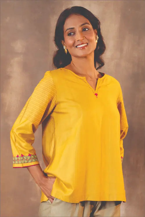 Rangsutra Ruhani Yellow Regular Fit Cotton Silk Top With Pakka Hand Embroidery