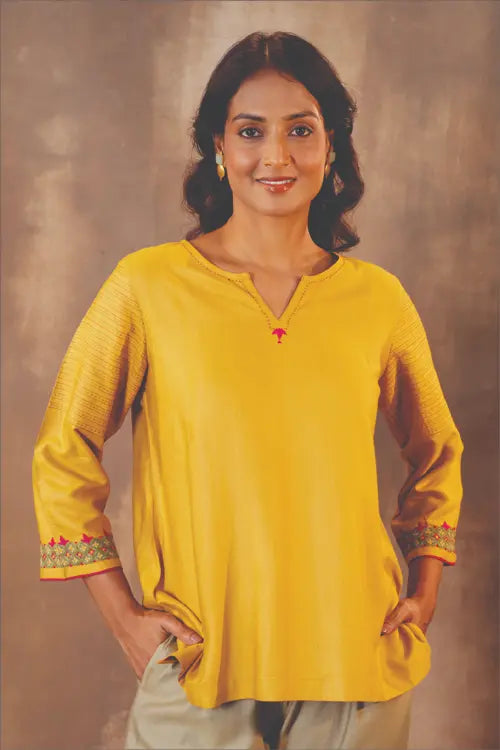 Rangsutra Ruhani Yellow Regular Fit Cotton Silk Top With Pakka Hand Embroidery