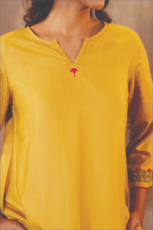 Rangsutra Ruhani Yellow Regular Fit Cotton Silk Top With Pakka Hand Embroidery