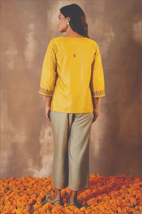 Rangsutra Ruhani Yellow Regular Fit Cotton Silk Top With Pakka Hand Embroidery