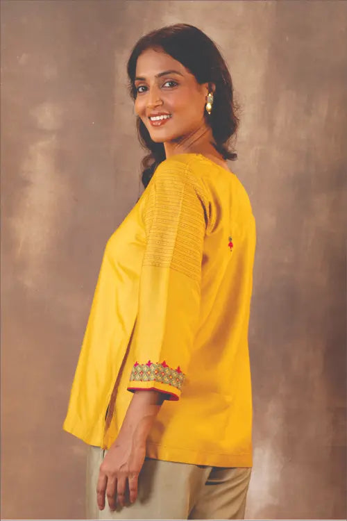 Rangsutra Ruhani Yellow Regular Fit Cotton Silk Top With Pakka Hand Embroidery
