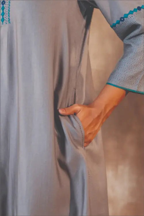 Rangsutra Ruhani Grey A-line Cotton Silk Kurta With Soof Hand Embroidery