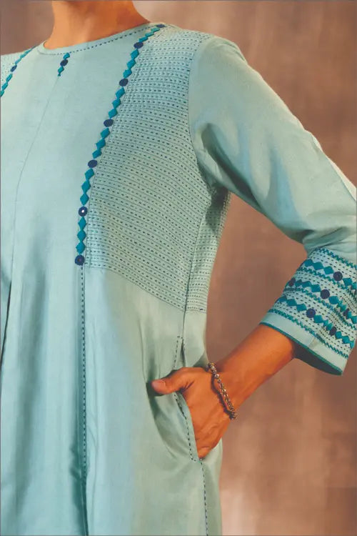 Rangsutra Ruhani Teal A-line Cotton Silk Kurta With Soof Hand Embroidery