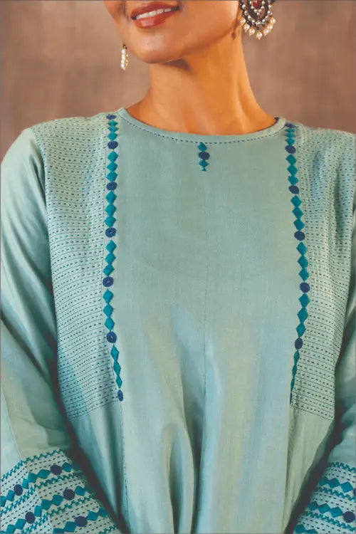 Rangsutra Ruhani Teal A-line Cotton Silk Kurta With Soof Hand Embroidery