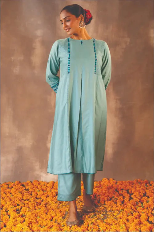Rangsutra Ruhani Teal A-line Cotton Silk Kurta With Soof Hand Embroidery