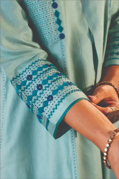 Rangsutra Ruhani Teal A-line Cotton Silk Kurta With Soof Hand Embroidery