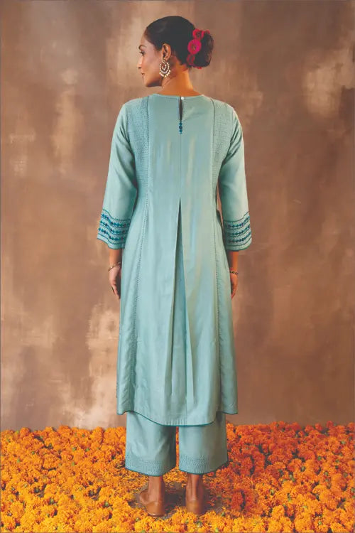 Rangsutra Ruhani Teal A-line Cotton Silk Kurta With Soof Hand Embroidery