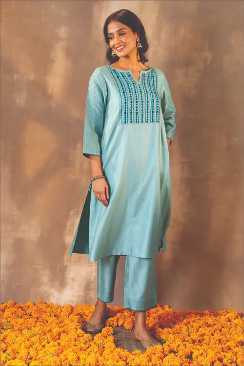 Rangsutra Ruhani Teal Flared Cotton Silk Kurta With Soof Hand Embroidery