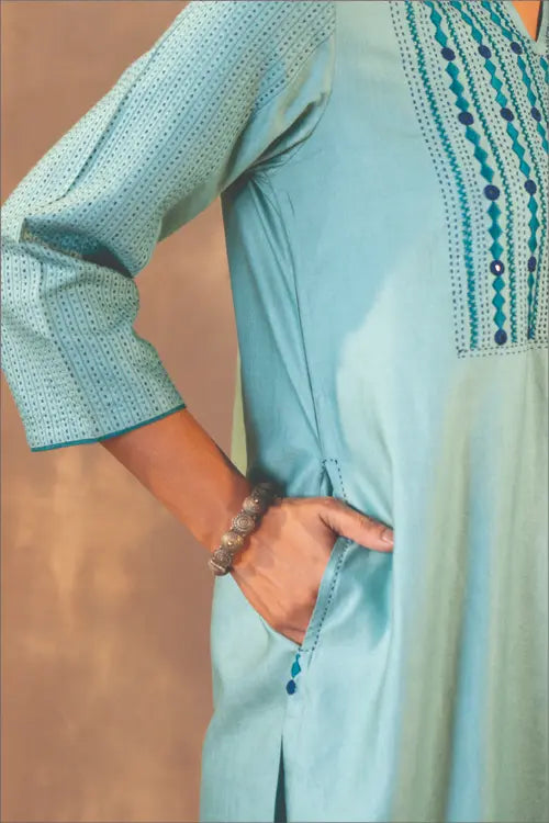 Rangsutra Ruhani Teal Flared Cotton Silk Kurta With Soof Hand Embroidery