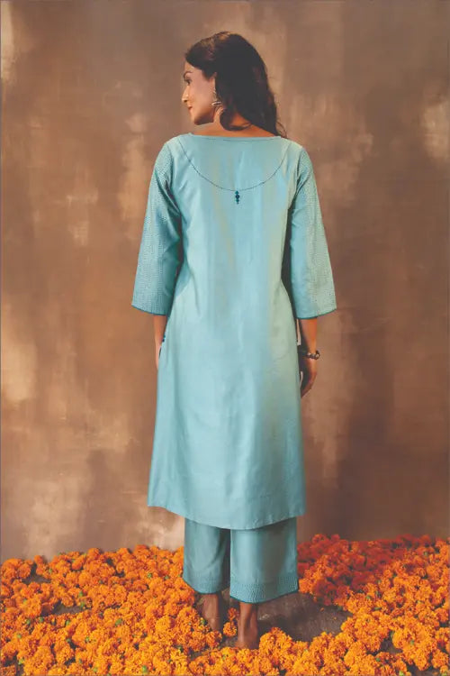 Rangsutra Ruhani Teal Flared Cotton Silk Kurta With Soof Hand Embroidery