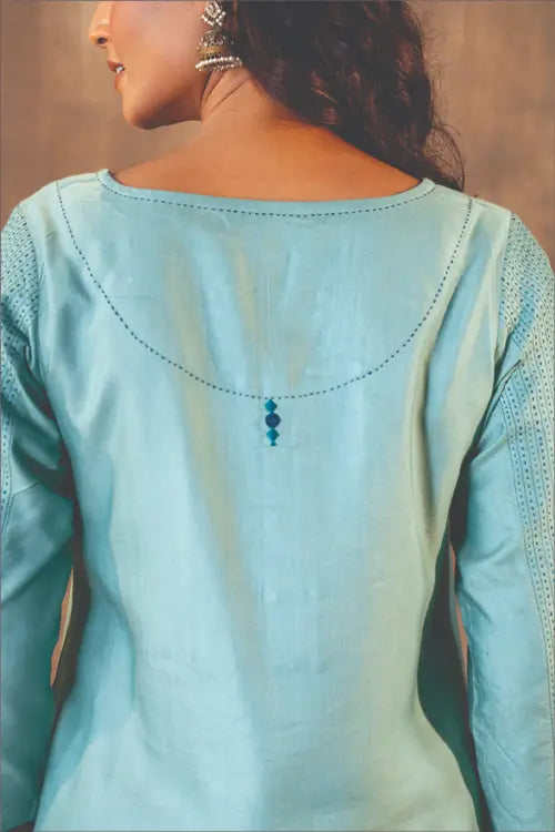 Rangsutra Ruhani Teal Flared Cotton Silk Kurta With Soof Hand Embroidery