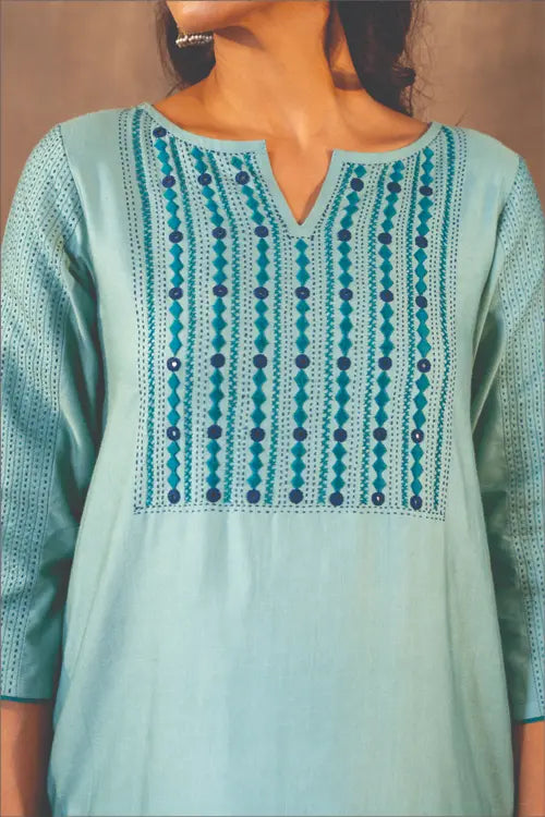 Rangsutra Ruhani Teal Flared Cotton Silk Kurta With Soof Hand Embroidery
