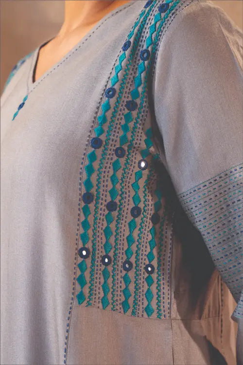 Rangsutra Ruhani Grey Flared Cotton Silk Kurta With Soof Hand Embroidery