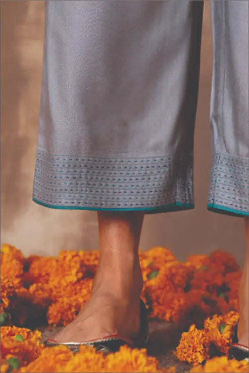 Rangsutra Ruhani Grey Straight-Fit Cotton Silk Pant With Soof Hand Embroidery