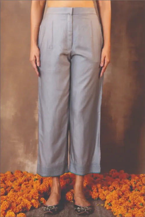 Rangsutra Ruhani Grey Straight-Fit Cotton Silk Pant With Soof Hand Embroidery