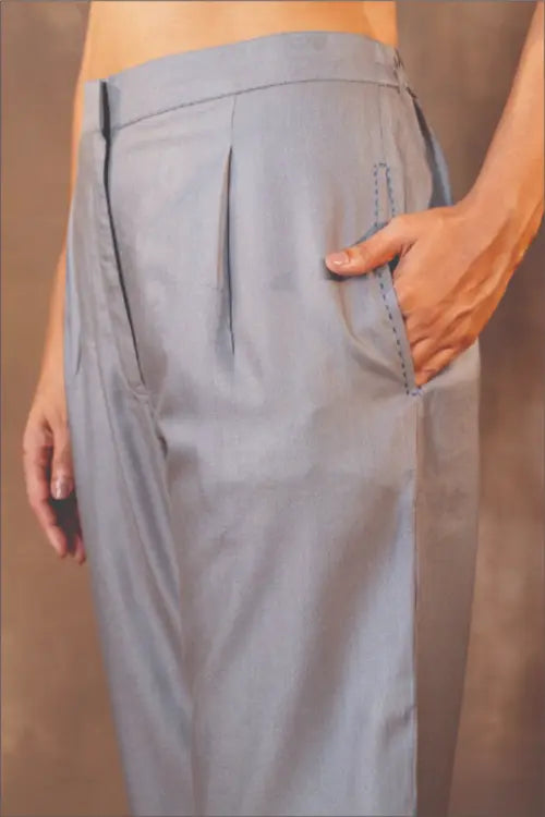 Rangsutra Ruhani Grey Straight-Fit Cotton Silk Pant With Soof Hand Embroidery