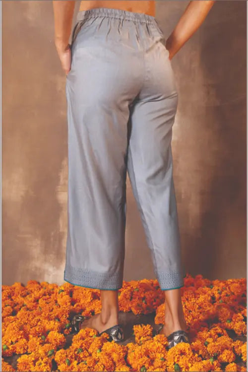 Rangsutra Ruhani Grey Straight-Fit Cotton Silk Pant With Soof Hand Embroidery