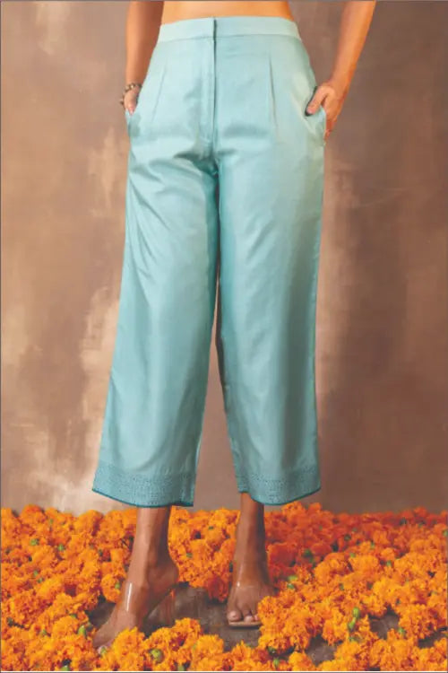 Rangsutra Ruhani Teal Straight-Fit Cotton Silk Pant With Soof Hand Embroidery