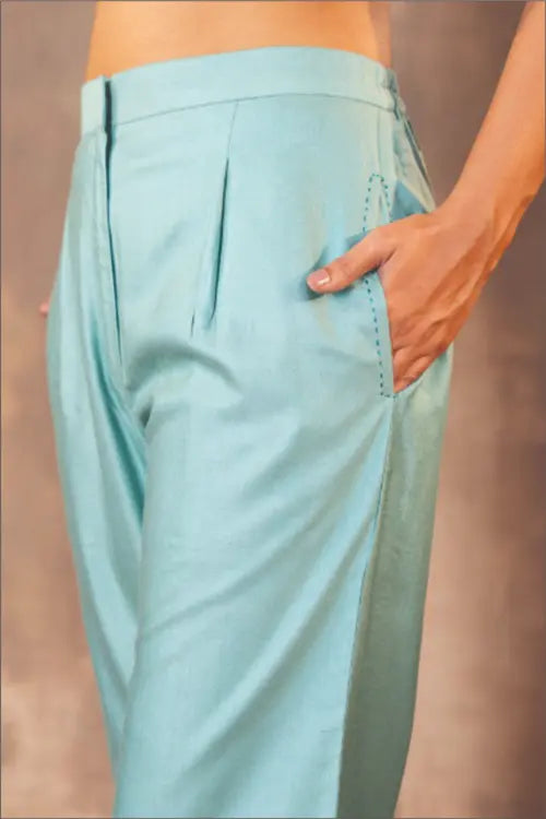 Rangsutra Ruhani Teal Straight-Fit Cotton Silk Pant With Soof Hand Embroidery