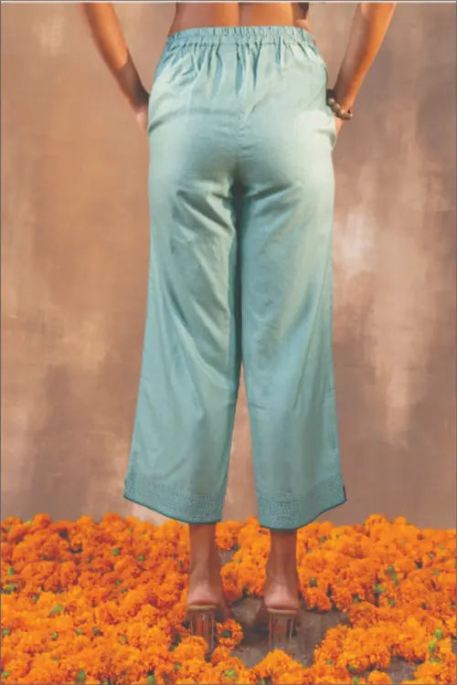 Rangsutra Ruhani Teal Straight-Fit Cotton Silk Pant With Soof Hand Embroidery