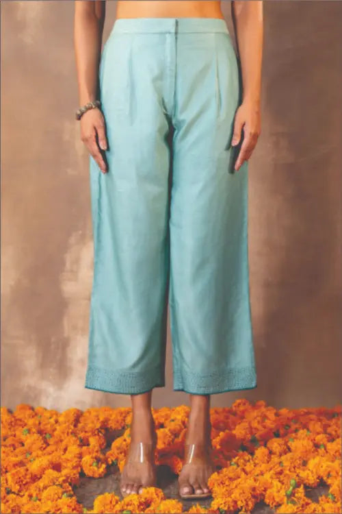 Rangsutra Ruhani Teal Straight-Fit Cotton Silk Pant With Soof Hand Embroidery
