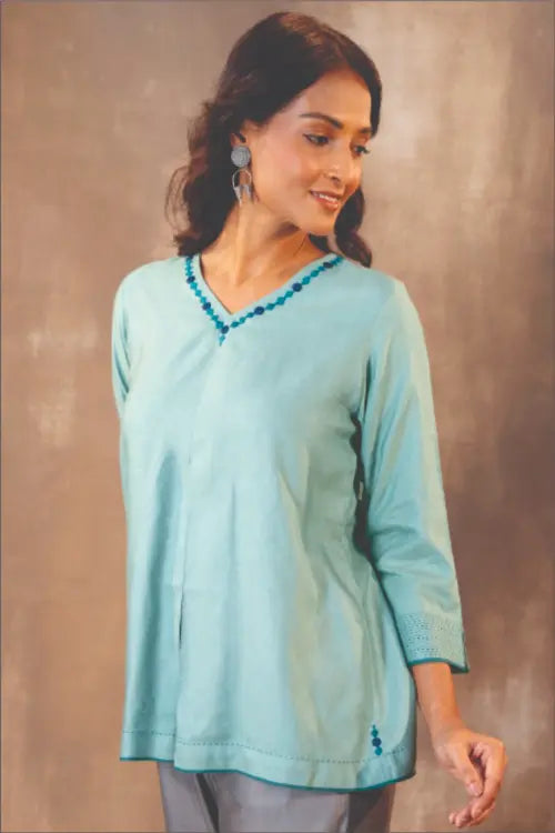 Rangsutra Ruhani Teal Regular Fit Cotton Silk Top With Soof Hand Embroidery