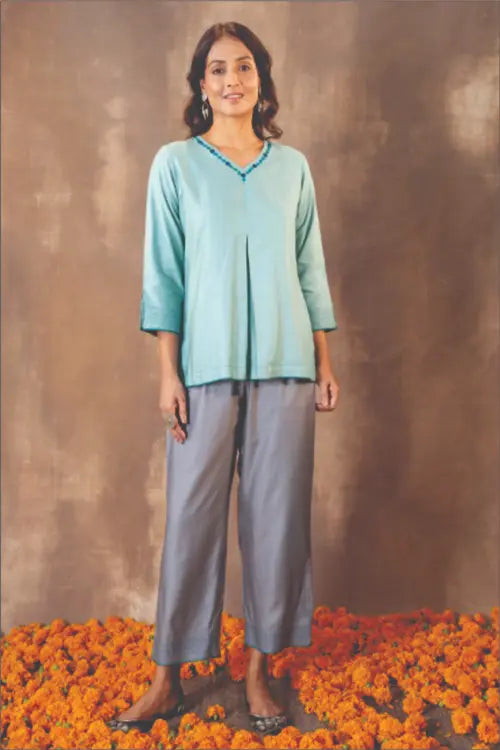 Rangsutra Ruhani Teal Regular Fit Cotton Silk Top With Soof Hand Embroidery