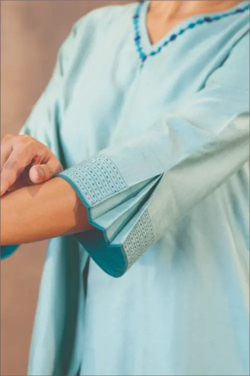 Rangsutra Ruhani Teal Regular Fit Cotton Silk Top With Soof Hand Embroidery