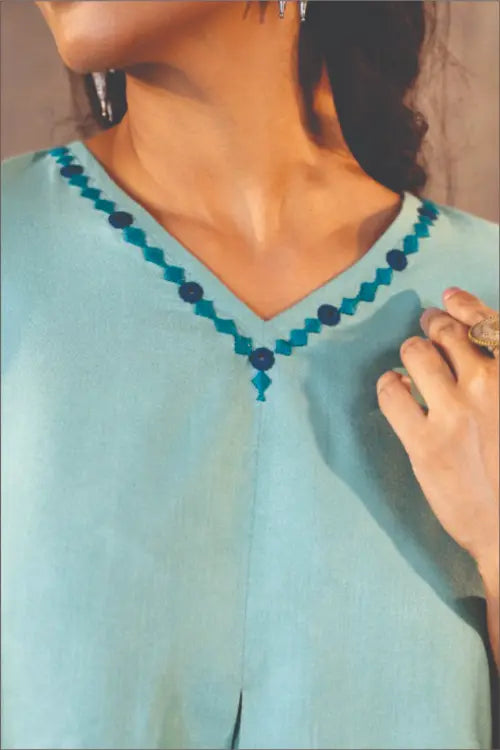 Rangsutra Ruhani Teal Regular Fit Cotton Silk Top With Soof Hand Embroidery