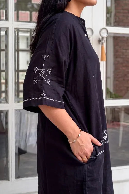 Rangsutra Bagh Cotton Half Sleeve Black Hand Embroidered Dress
