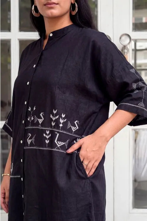 Rangsutra Bagh Cotton Half Sleeve Black Hand Embroidered Dress