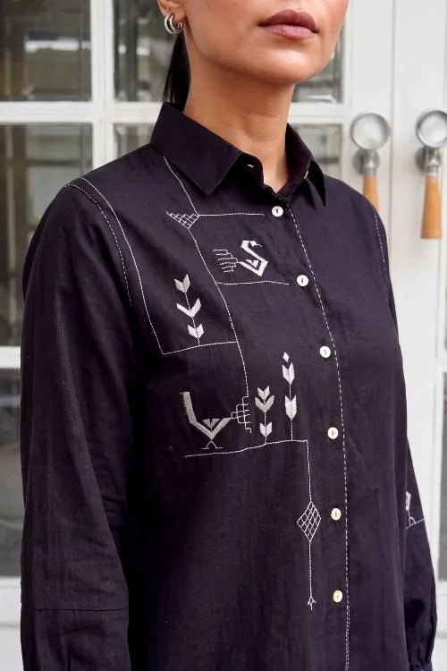 Rangsutra Bagh Cotton Full Sleeve Black Hand Embroidered Top