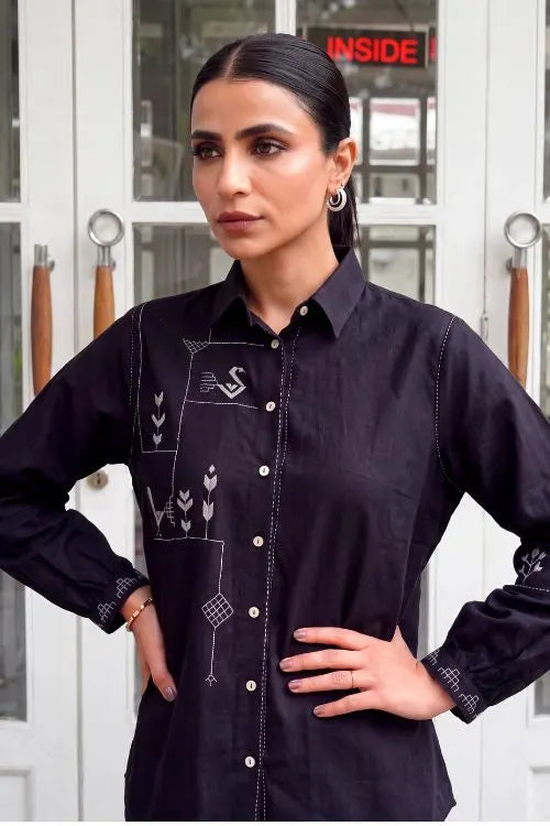 Rangsutra Bagh Cotton Full Sleeve Black Hand Embroidered Top