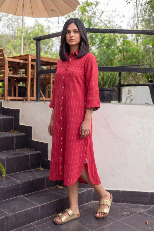 Rangsutra Dhwani Red Handloom Cotton Shirt-Dress