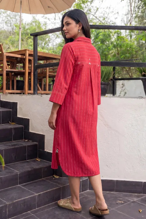 Rangsutra Dhwani Red Handloom Cotton Shirt-Dress