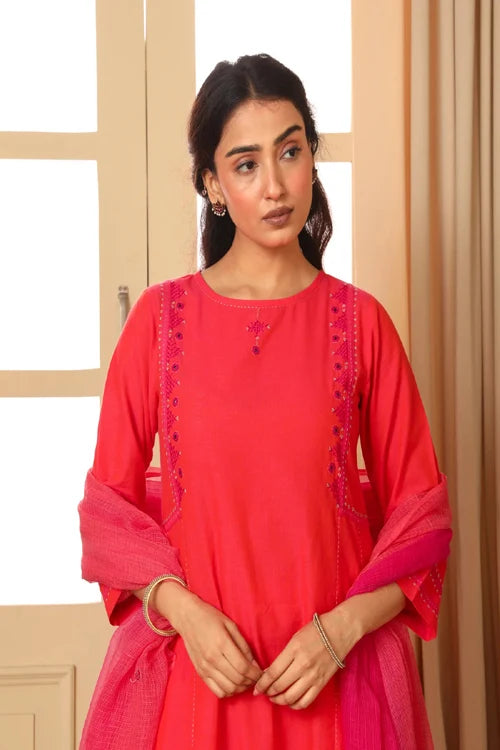 Rangsutra Aashvi Coral Kalidar Mangalgiri Cotton Kurta With Desert Hand Embroidery