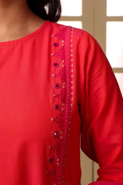 Rangsutra Aashvi Coral Kalidar Mangalgiri Cotton Kurta With Desert Hand Embroidery